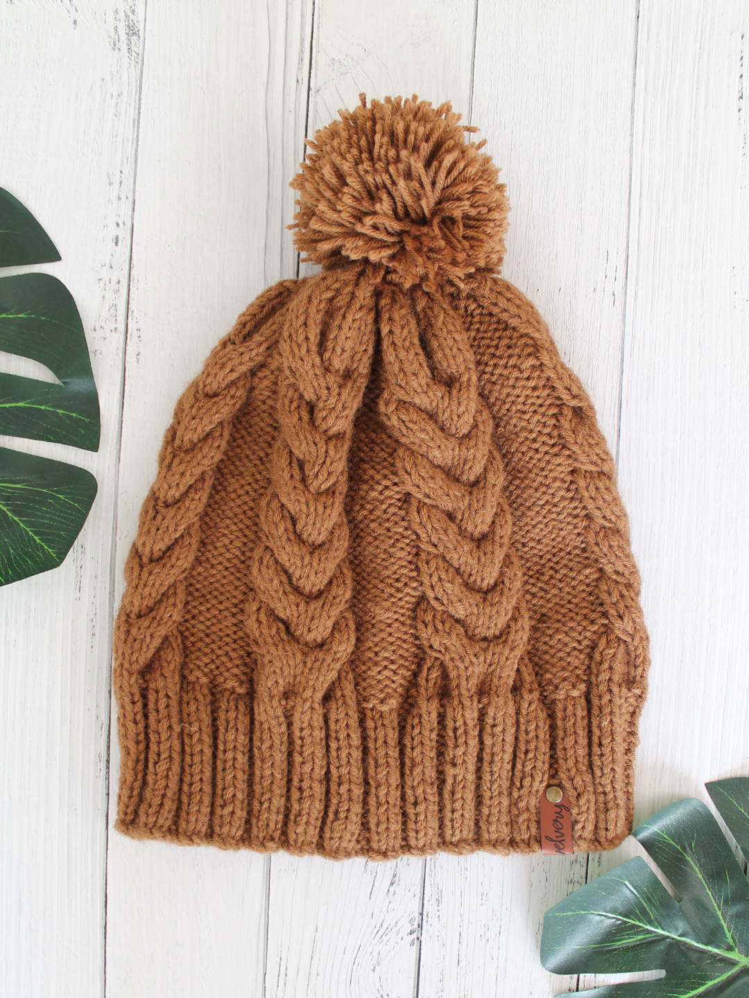 Velvery Cableknit Pom-Pom Detail Womens Beanie Brown