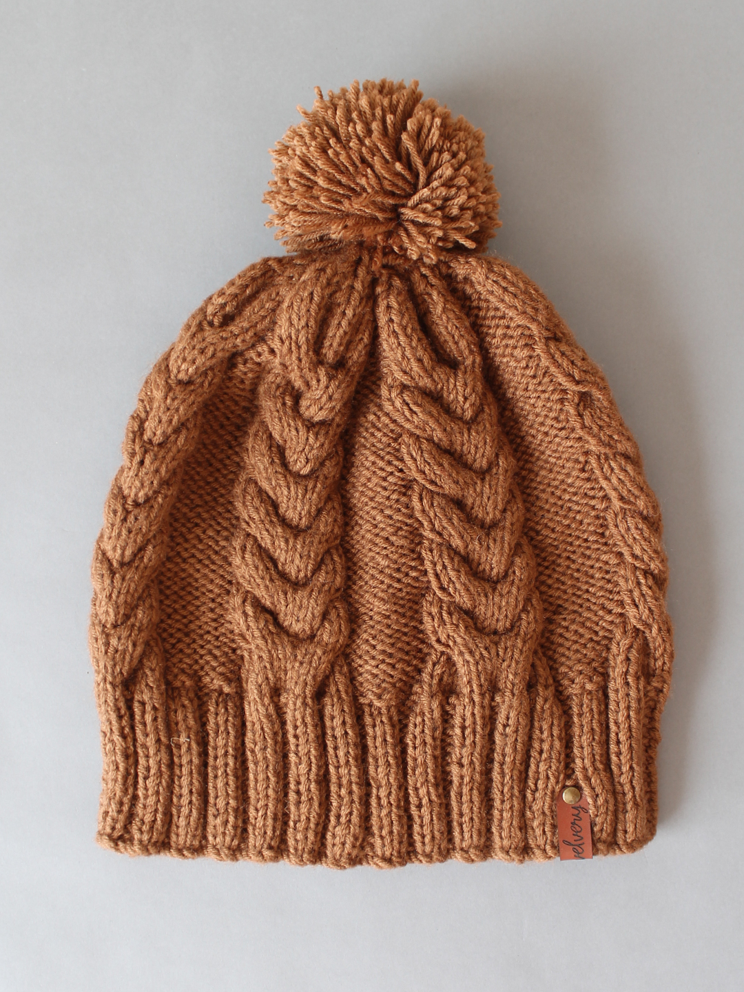 Velvery Cableknit Pom-Pom Detail Womens Beanie Brown