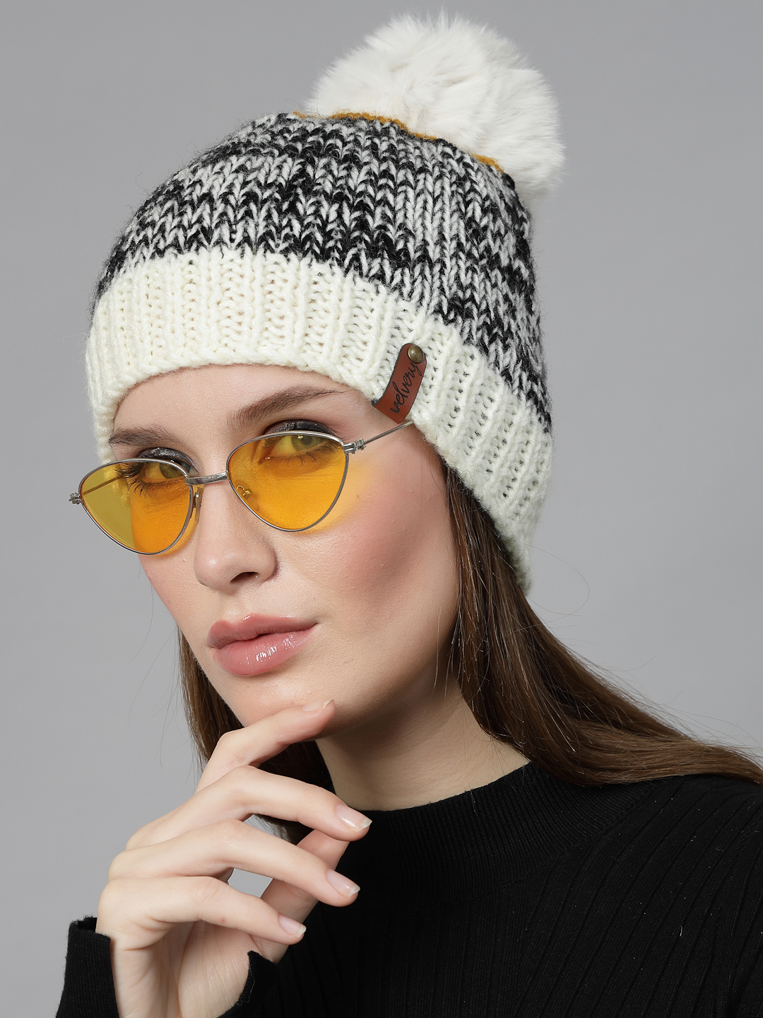 Velvery Handknitted White Self Design Pom Pom Beanie
