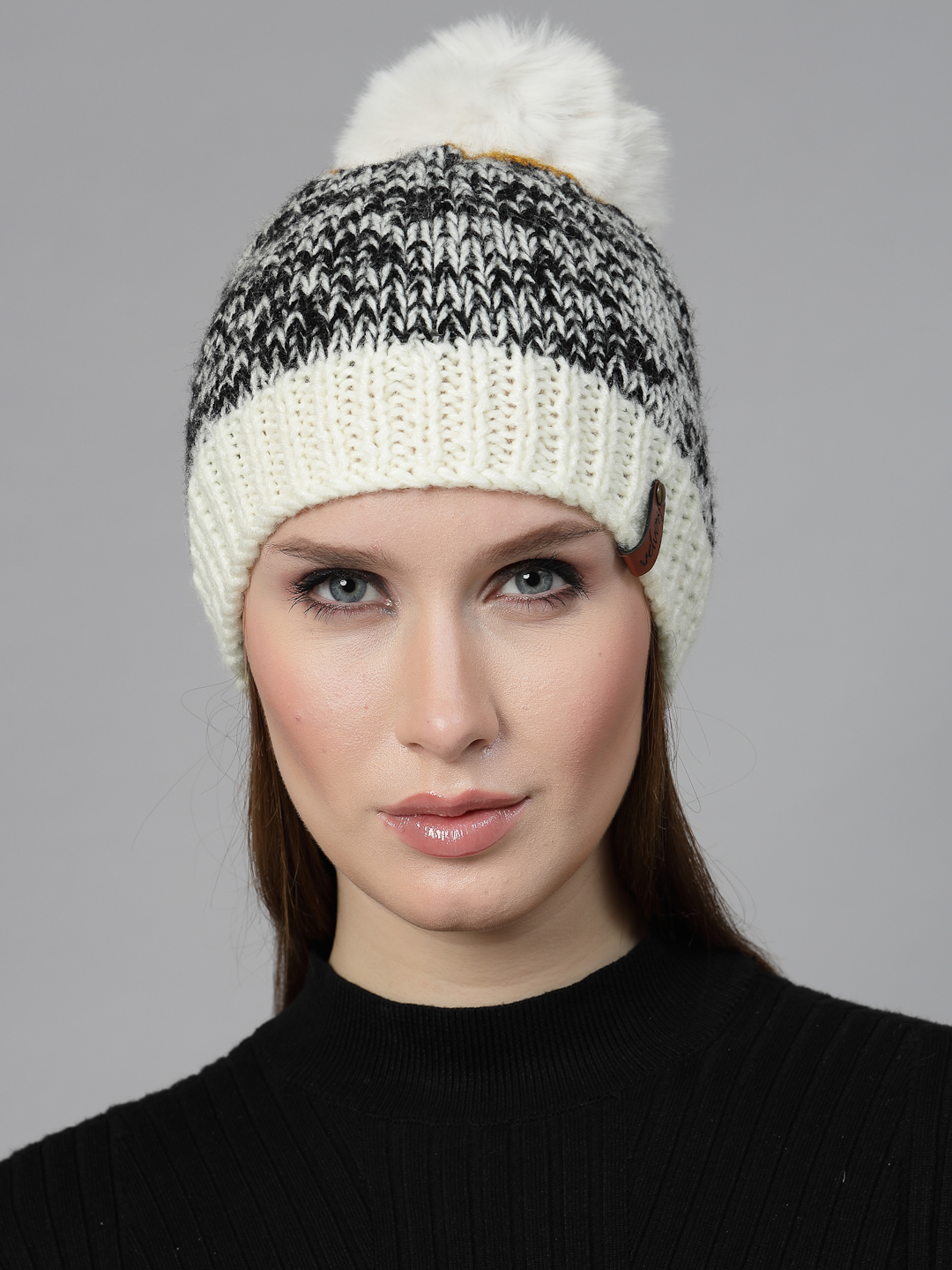 Velvery Handknitted White Self Design Pom Pom Beanie