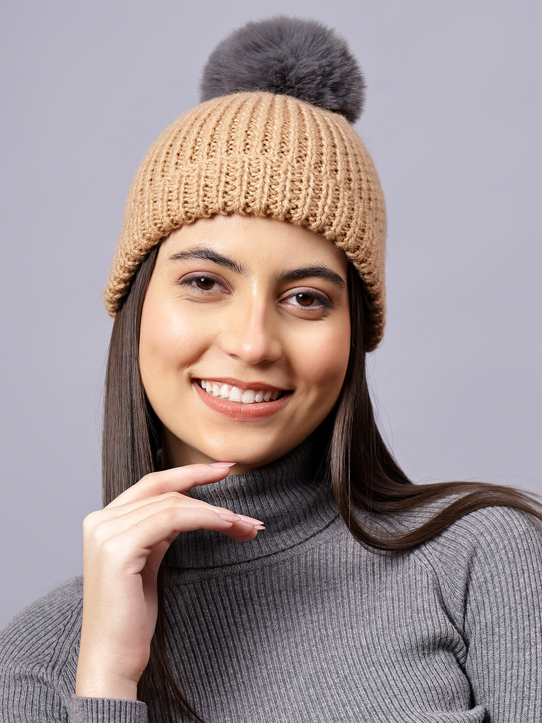 Velvery Handknitted Beige Self Design Pom Pom Beanie