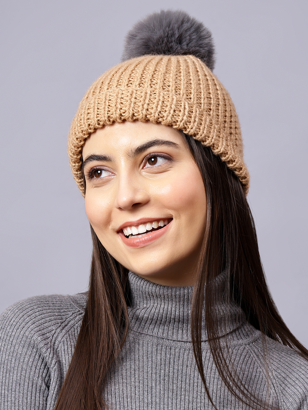 Velvery Handknitted Beige Self Design Pom Pom Beanie