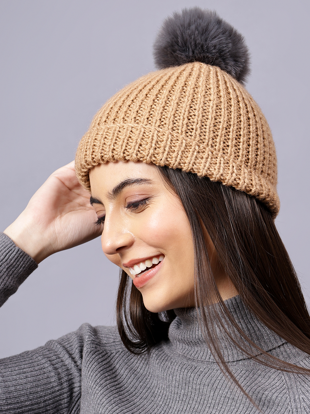 Velvery Handknitted Beige Self Design Pom Pom Beanie