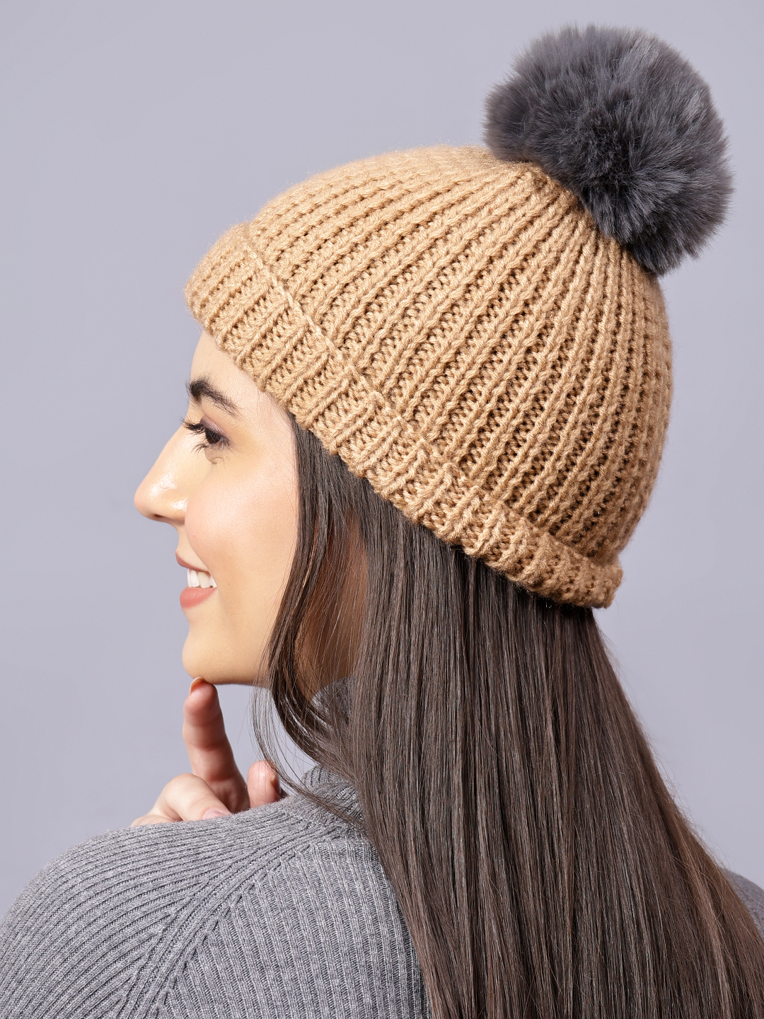 Velvery Handknitted Beige Self Design Pom Pom Beanie