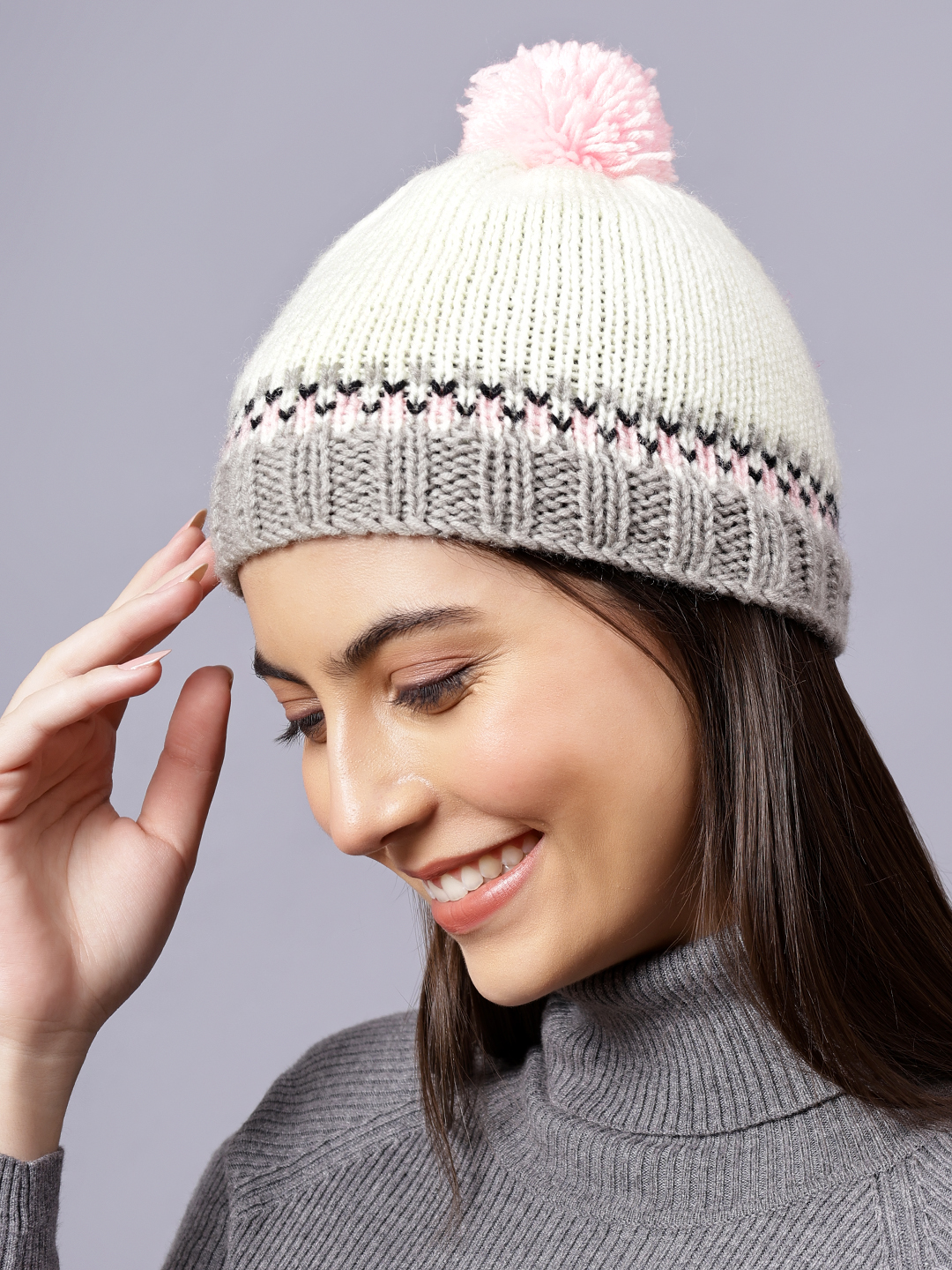 Velvery Handknitted Multi Self Design Pom Pom Beanie