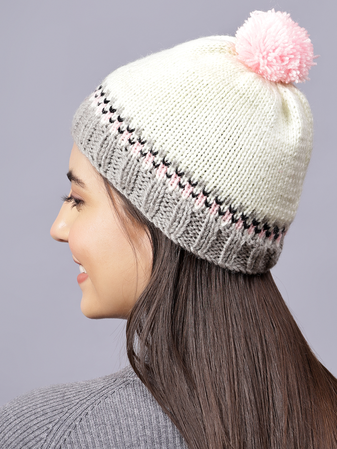 Velvery Handknitted Multi Self Design Pom Pom Beanie
