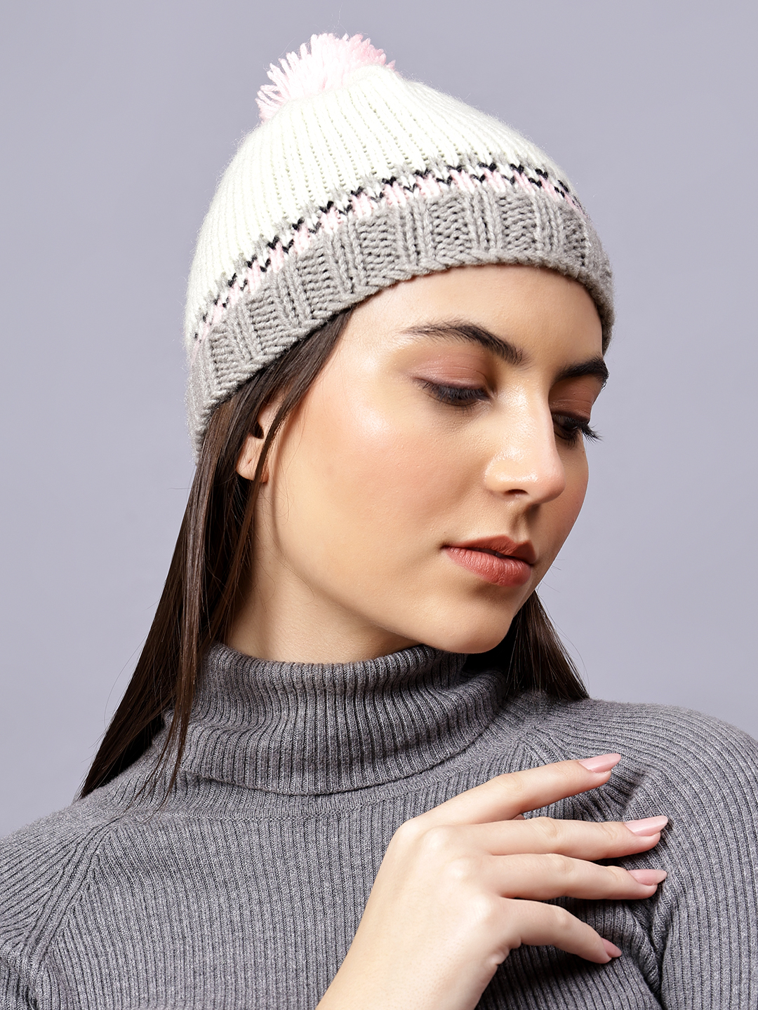 Velvery Handknitted Multi Self Design Pom Pom Beanie