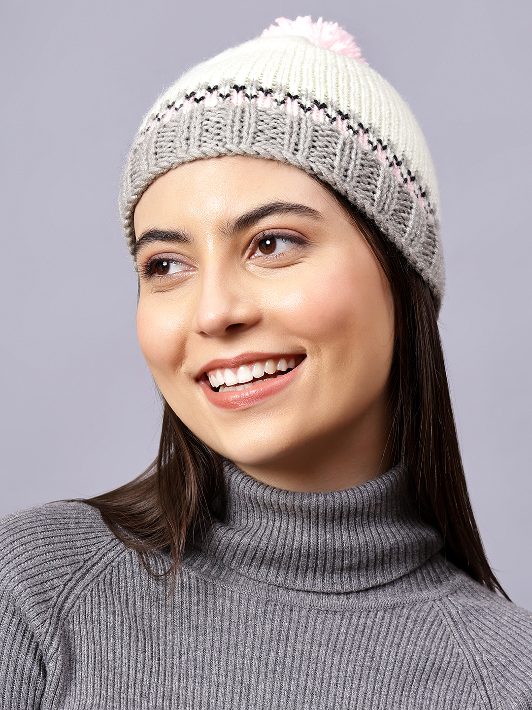 Velvery Handknitted Multi Self Design Pom Pom Beanie