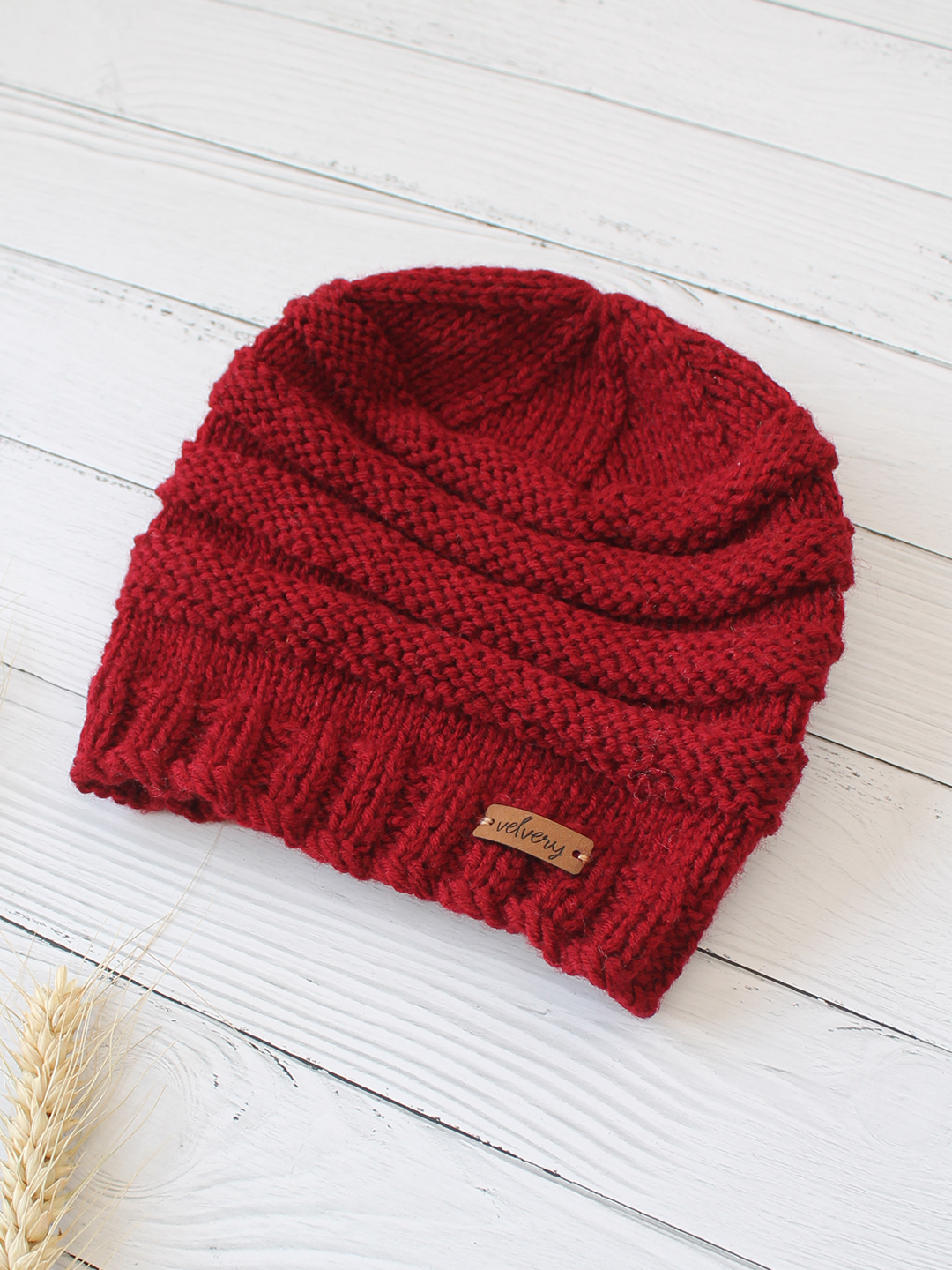Velvery Handknitted Maroon Self Design Beanie
