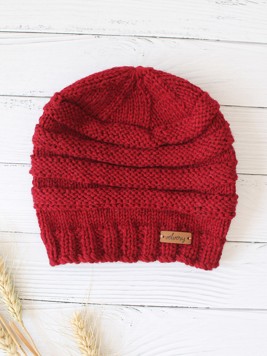 Velvery Handknitted Maroon Self Design Beanie
