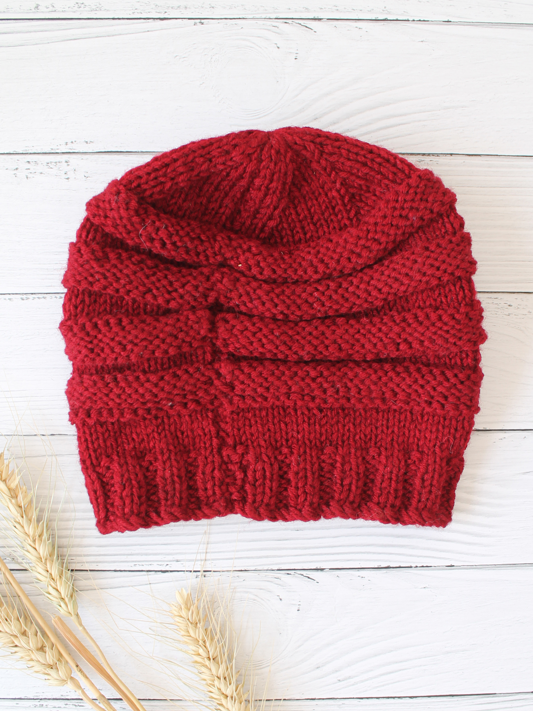 Velvery Handknitted Maroon Self Design Beanie