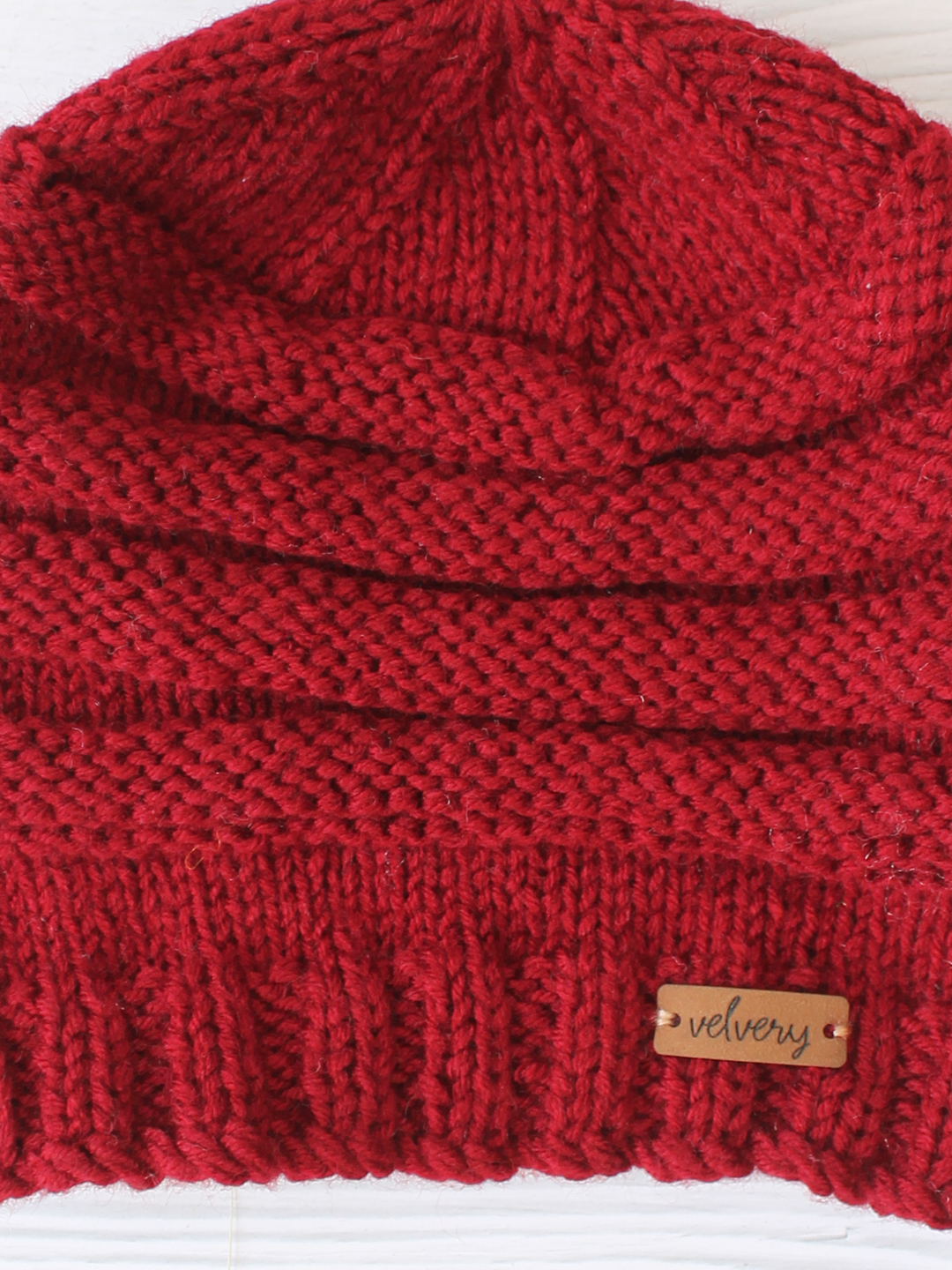 Velvery Handknitted Maroon Self Design Beanie