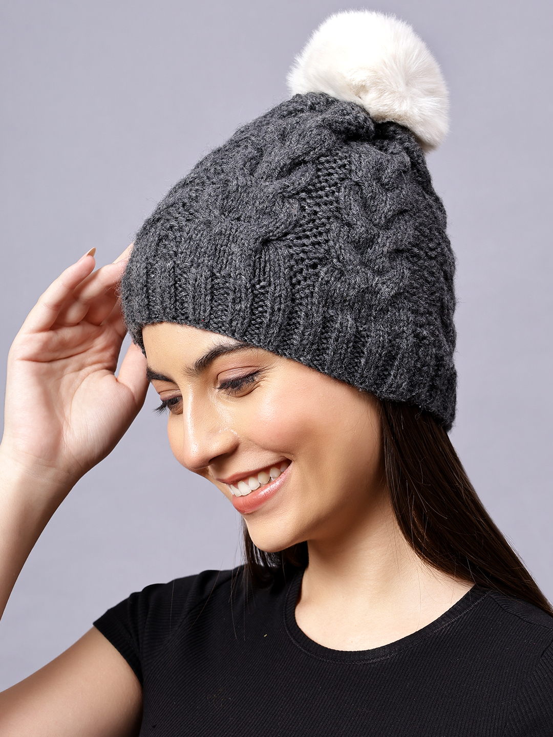 Velvery Handknitted Grey Self Design Pom Pom Beanie