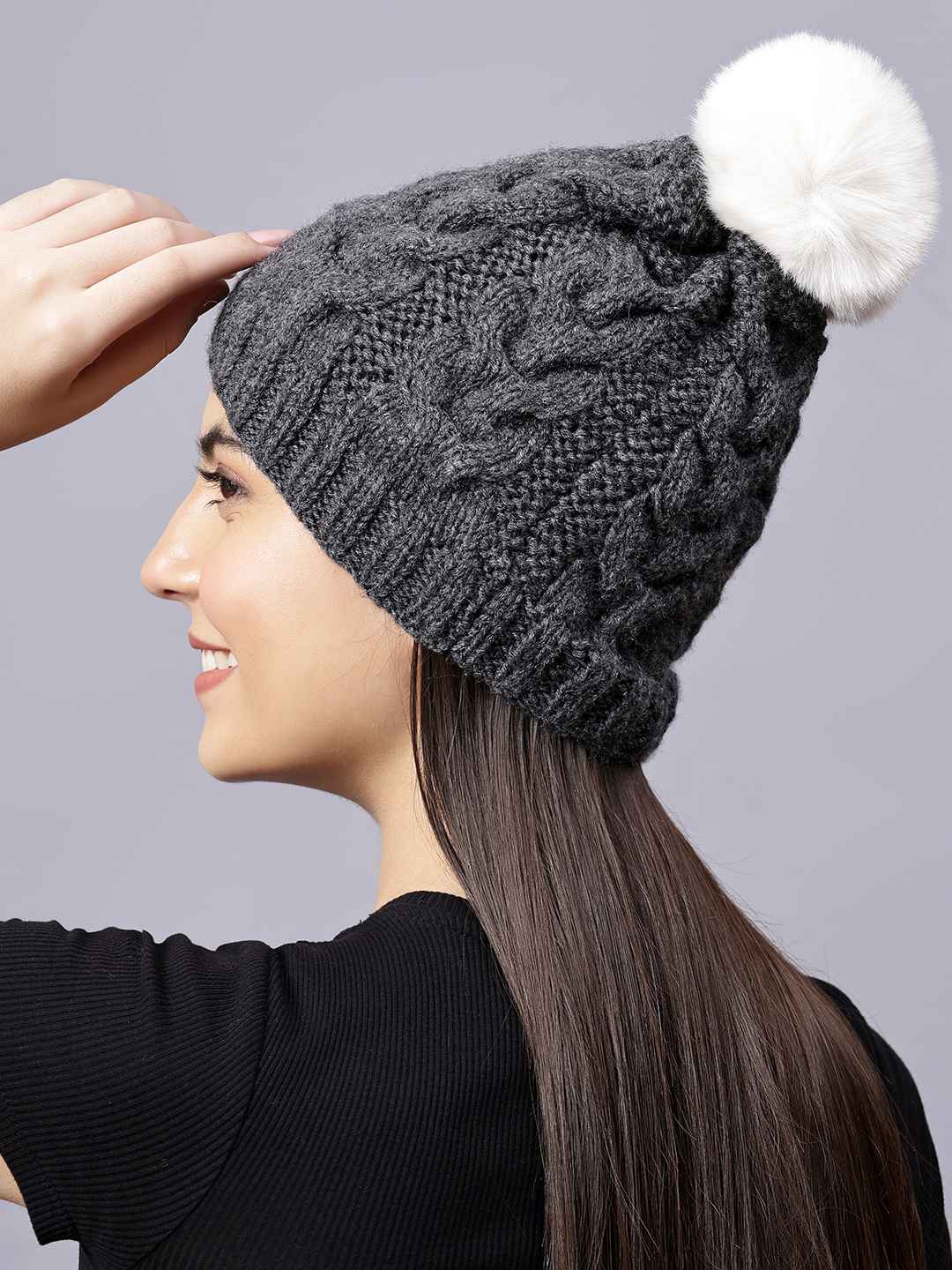 Velvery Handknitted Grey Self Design Pom Pom Beanie