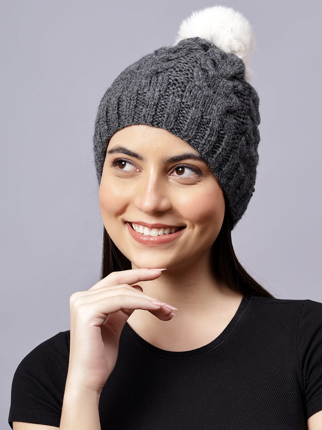 Velvery Handknitted Grey Self Design Pom Pom Beanie