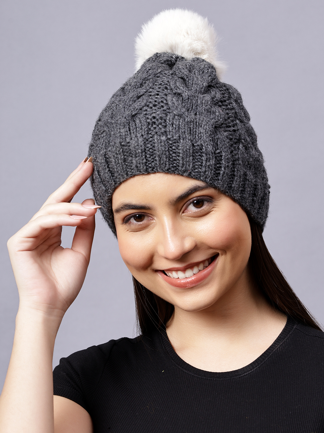 Velvery Handknitted Grey Self Design Pom Pom Beanie