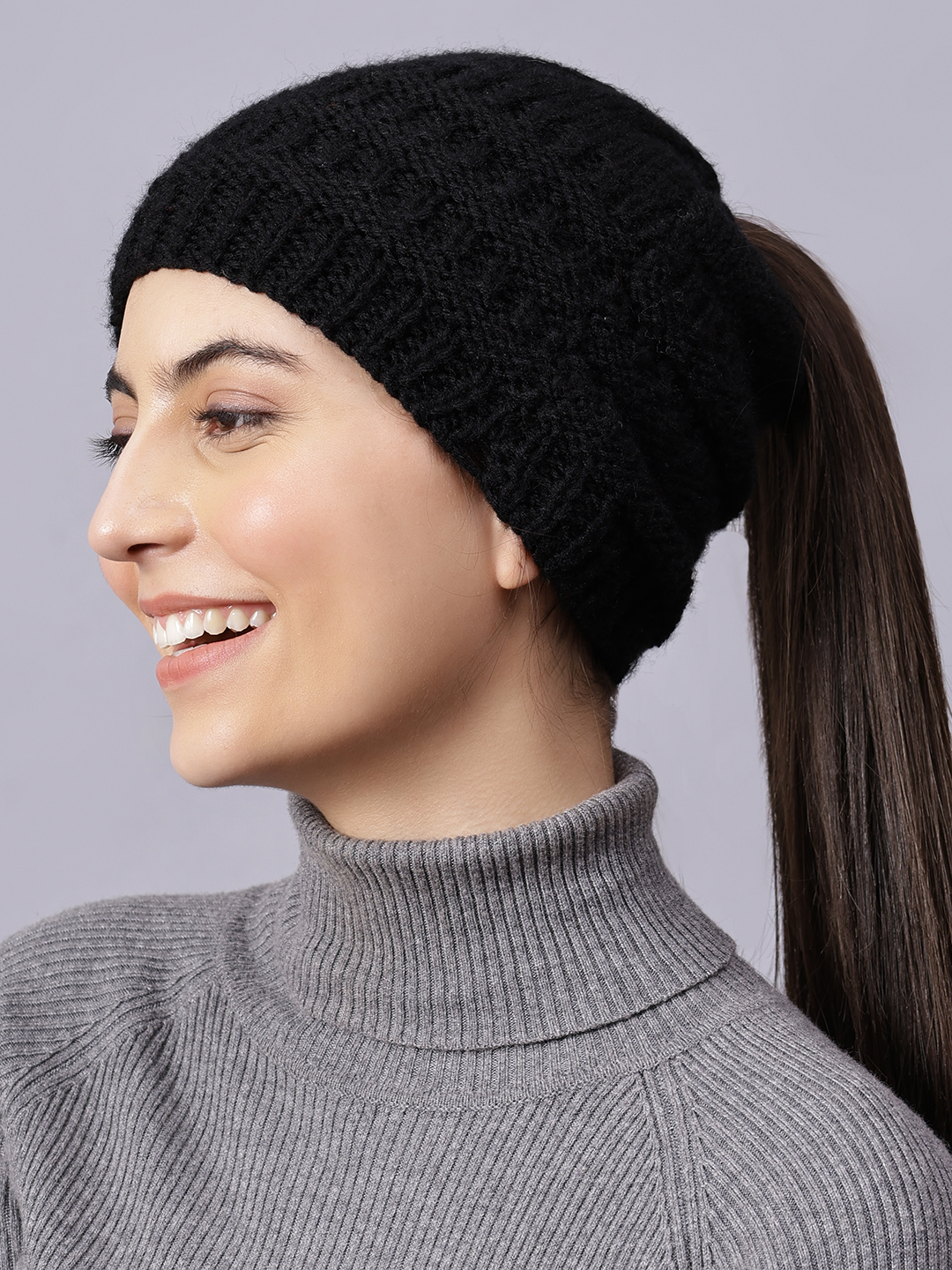 Velvery Handknitted Black Self Design Pony Tail Beanie