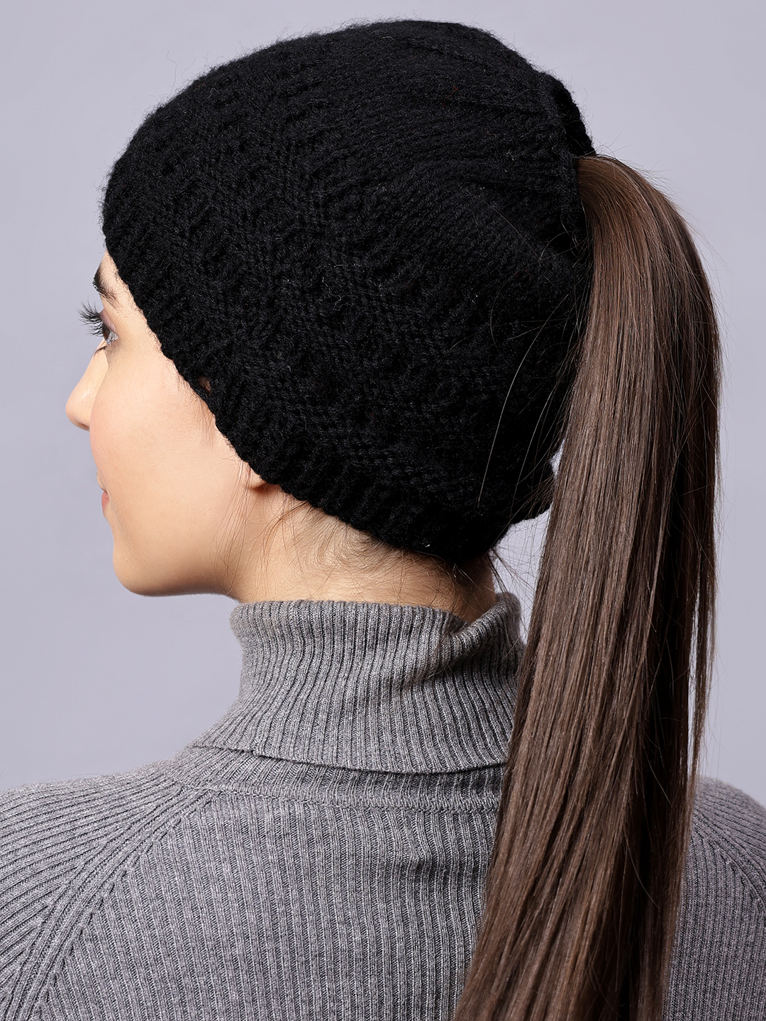 Velvery Handknitted Black Self Design Pony Tail Beanie