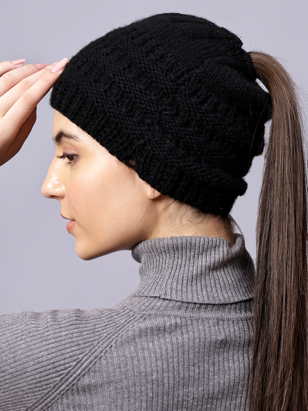 Velvery Handknitted Black Self Design Pony Tail Beanie