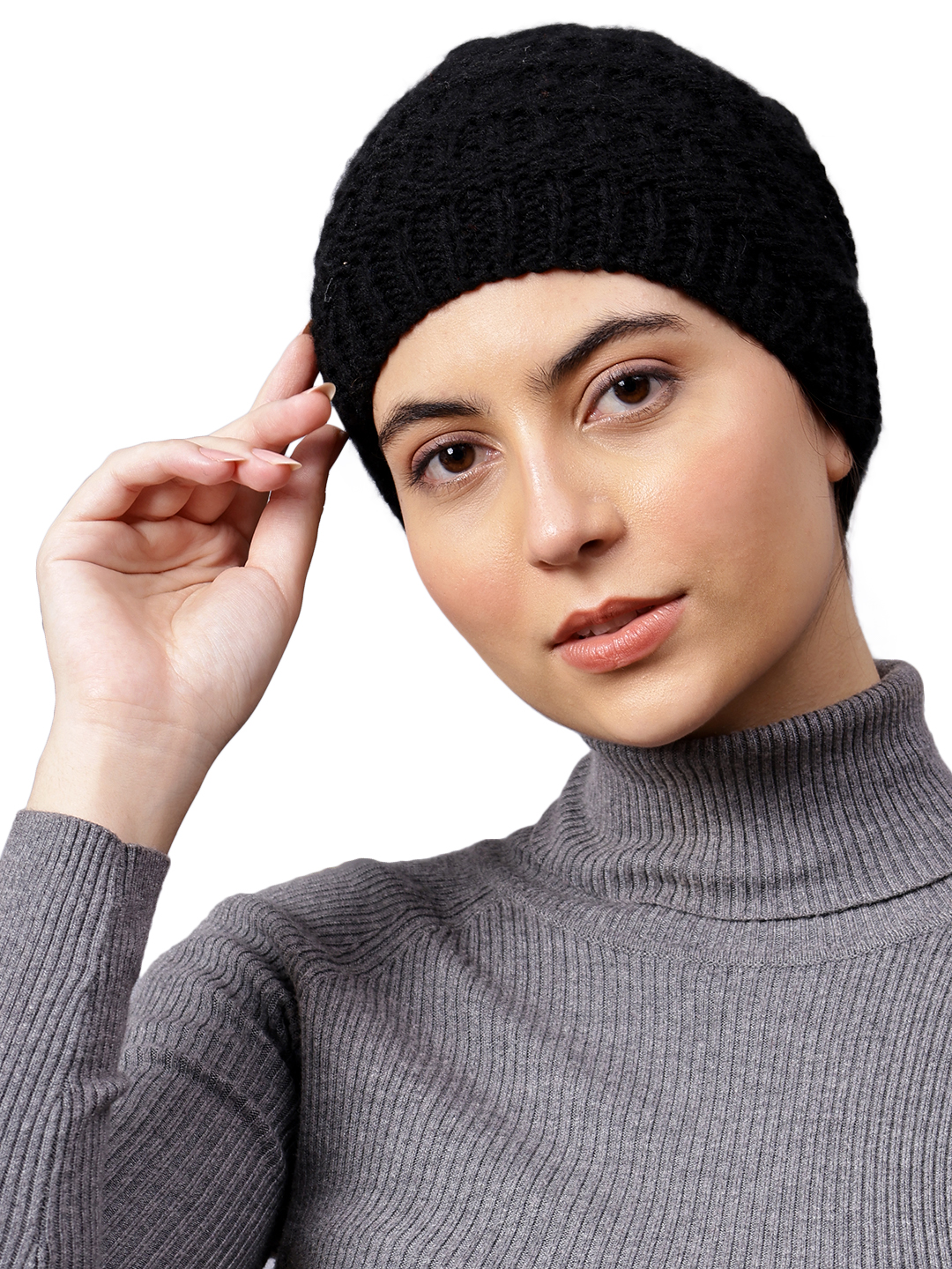 Velvery Handknitted Black Self Design Pony Tail Beanie