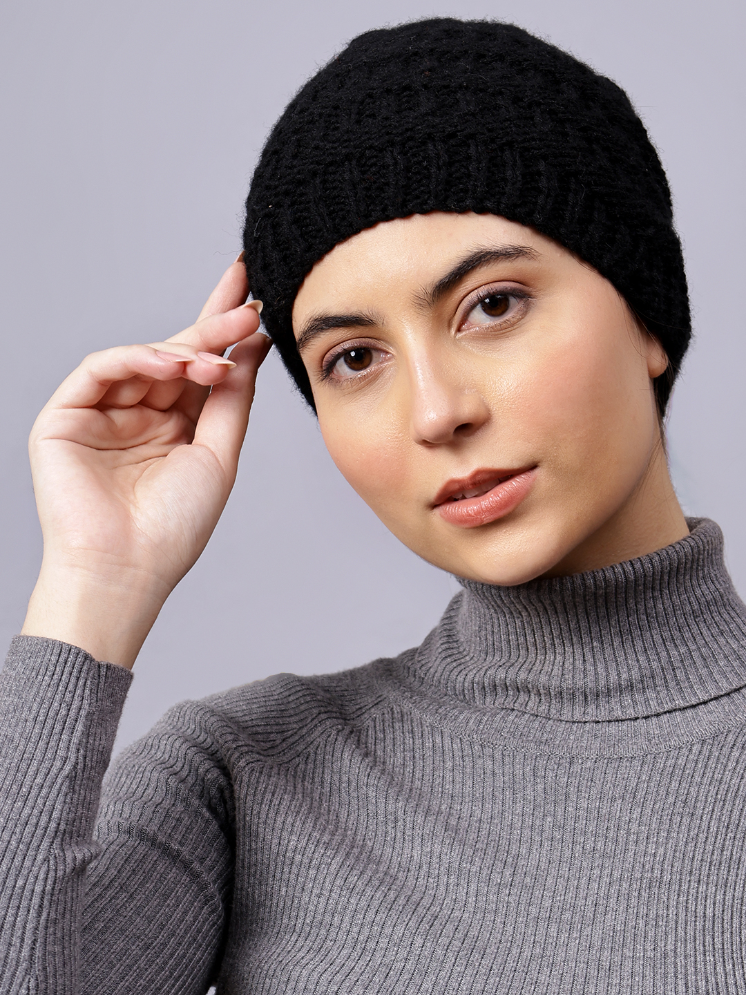 Velvery Handknitted Black Self Design Pony Tail Beanie