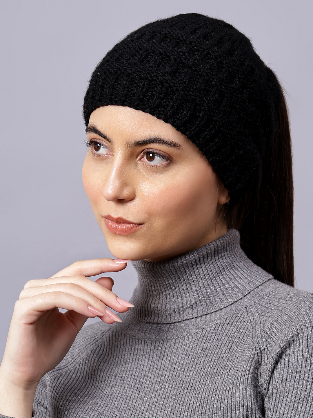 Velvery Handknitted Black Self Design Pony Tail Beanie