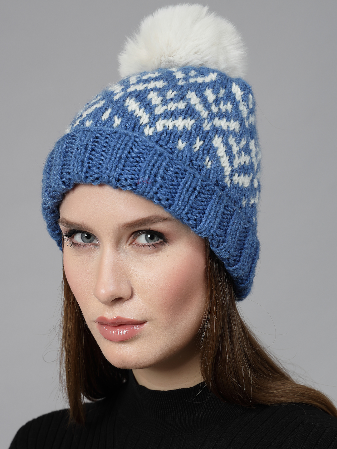 Velvery Handknitted Blue Self Design Pom Pom Beanie