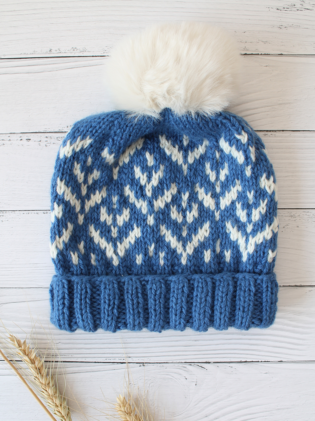Velvery Handknitted Blue Self Design Pom Pom Beanie