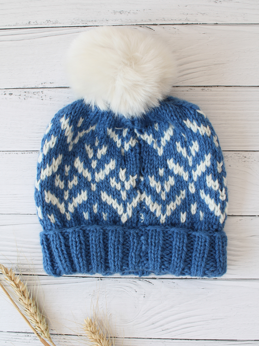 Velvery Handknitted Blue Self Design Pom Pom Beanie