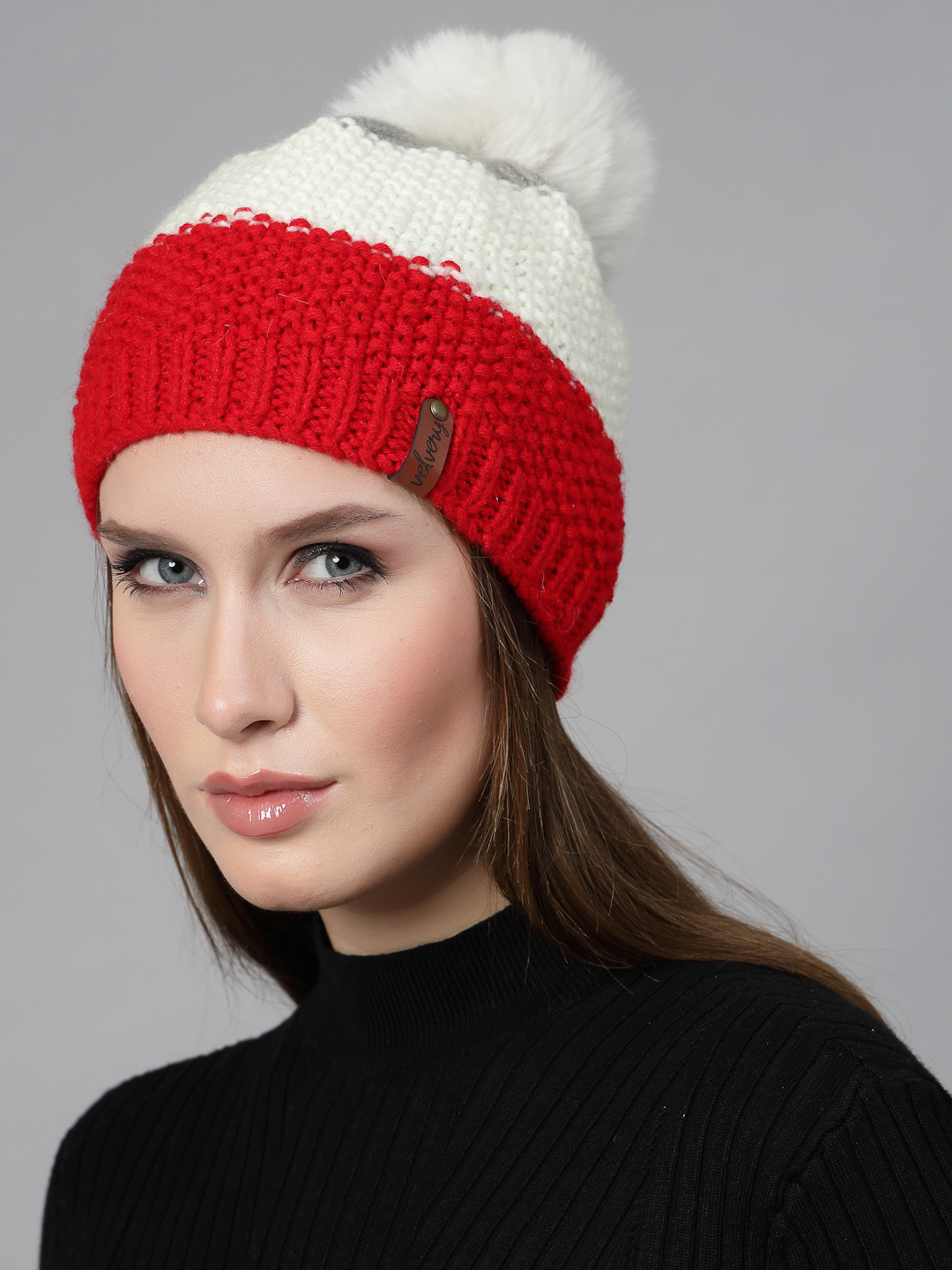 Velvery Handknitted Red Self Design Pom Pom Beanie