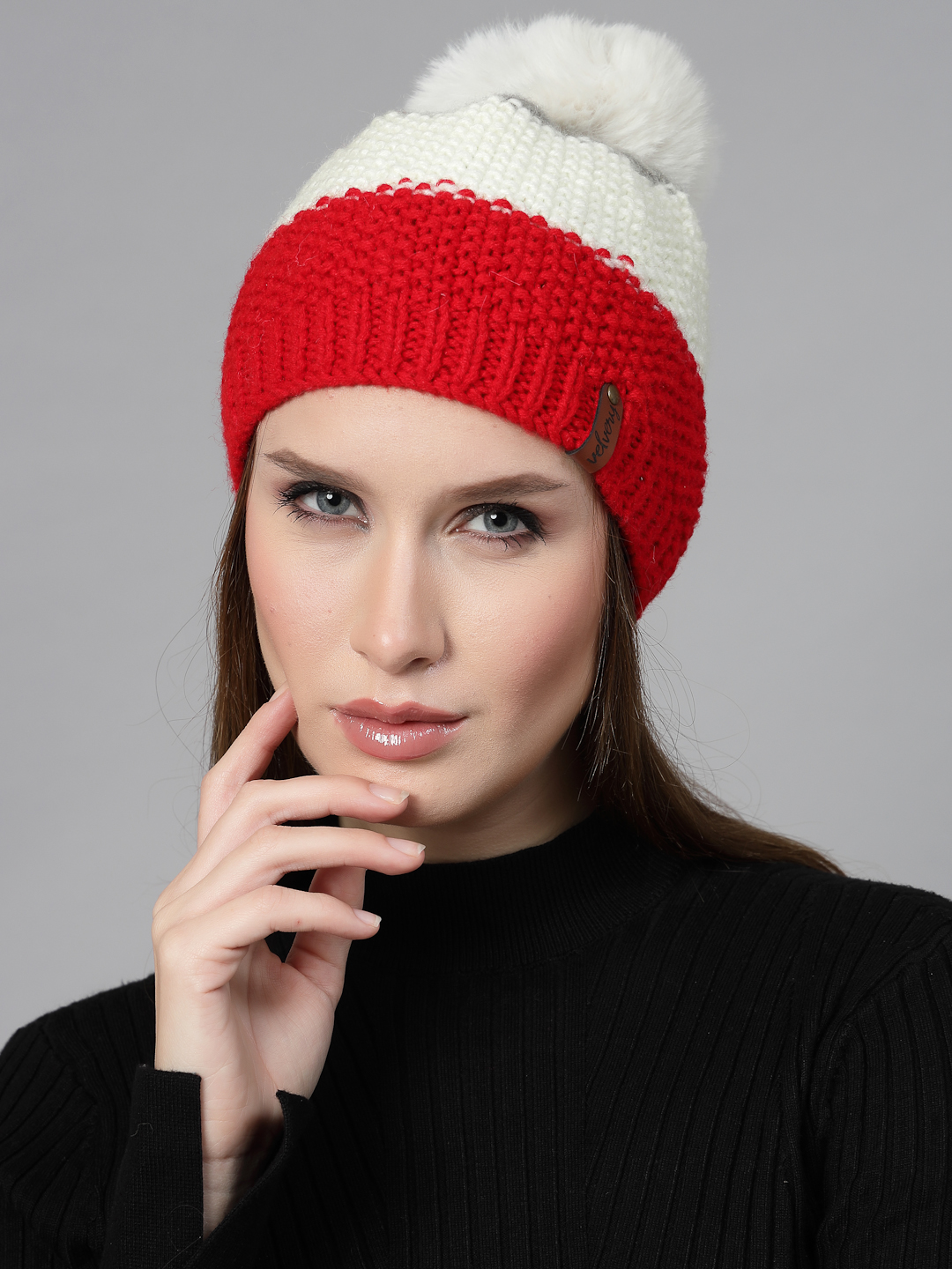 Velvery Handknitted Red Self Design Pom Pom Beanie