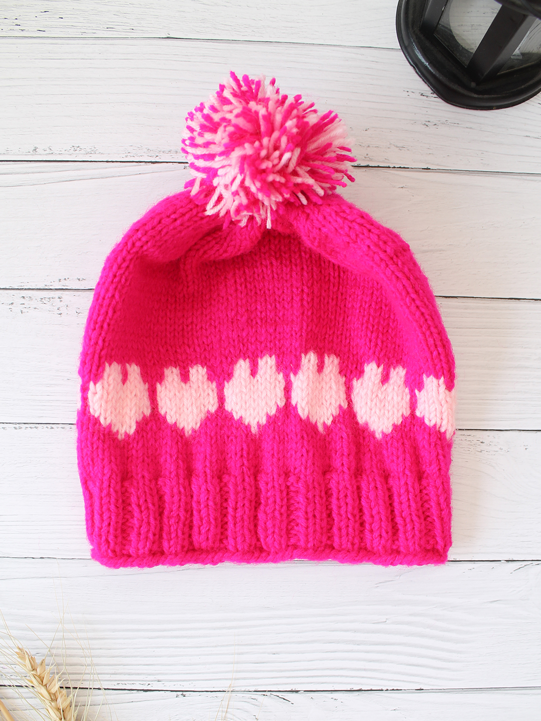Velvery Handknitted Pink Self Design Pom Pom Beanie