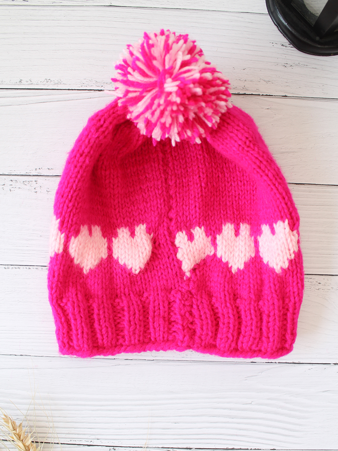Velvery Handknitted Pink Self Design Pom Pom Beanie