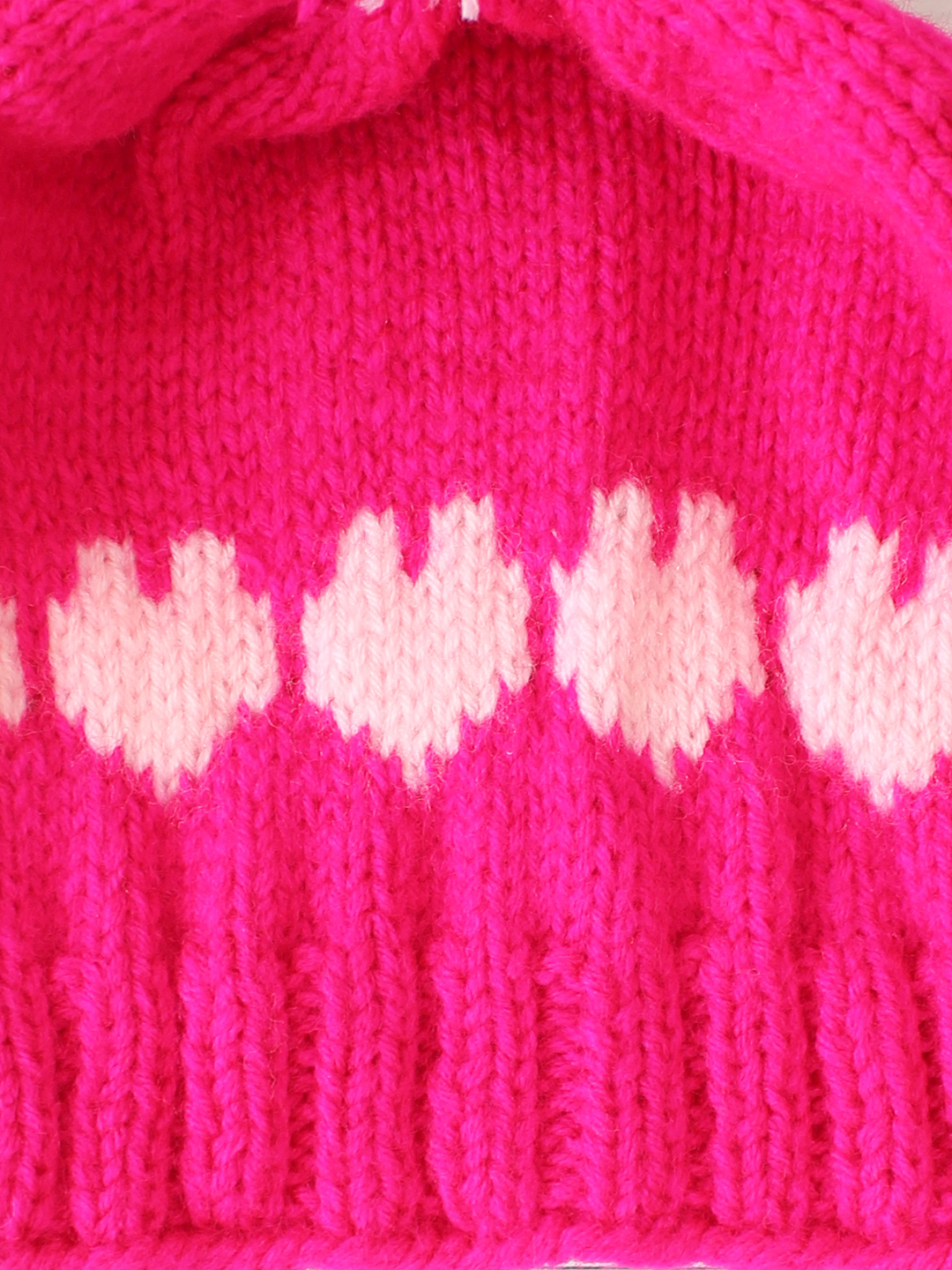 Velvery Handknitted Pink Self Design Pom Pom Beanie