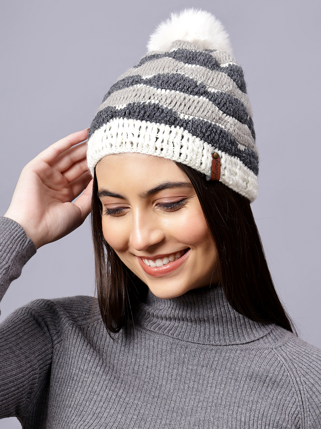 Velvery Handknitted Grey Self Design Pom Pom Beanie