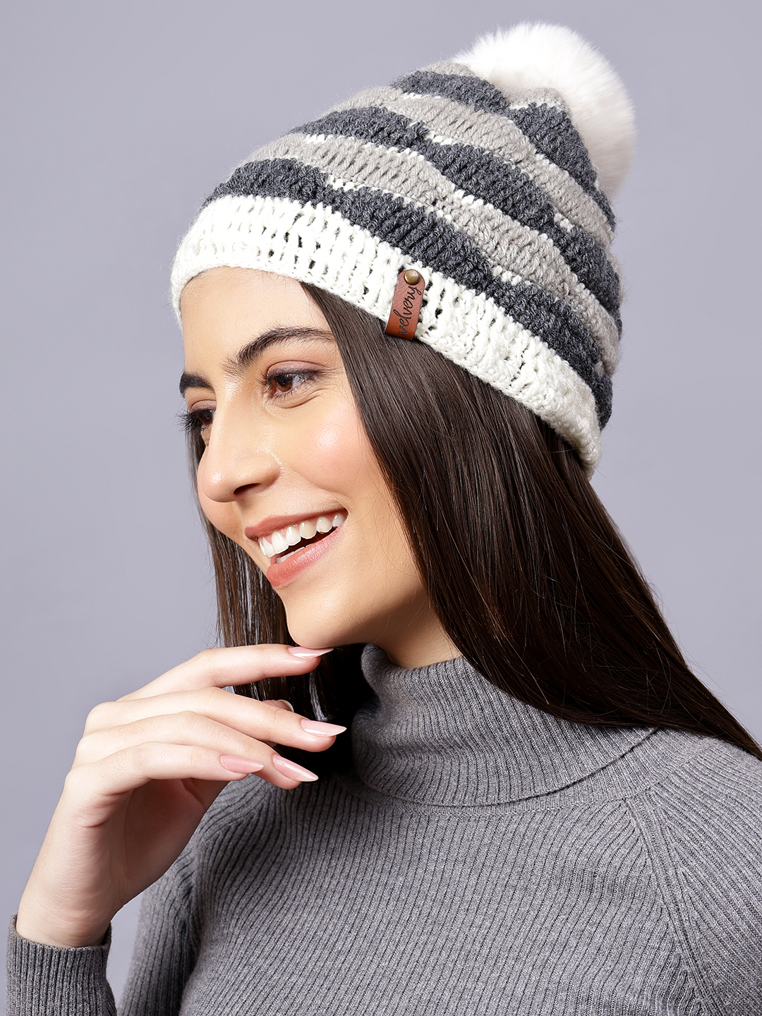 Velvery Handknitted Grey Self Design Pom Pom Beanie