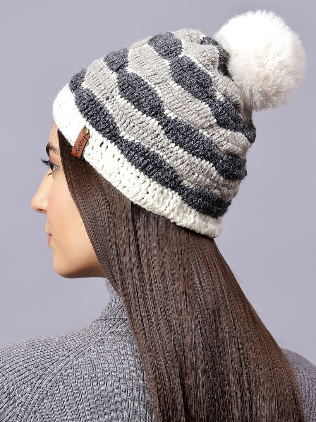 Velvery Handknitted Grey Self Design Pom Pom Beanie