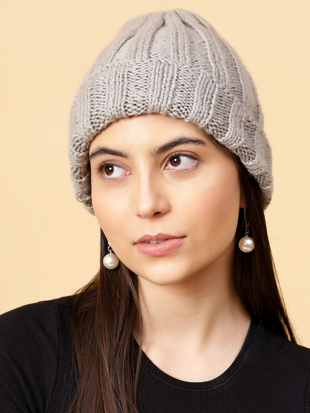 Velvery Handknitted Beige Self Design Beanie