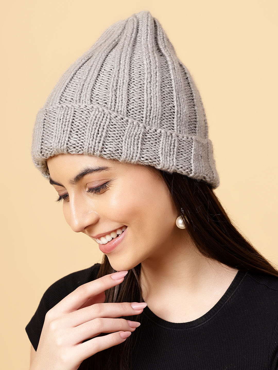 Velvery Handknitted Beige Self Design Beanie