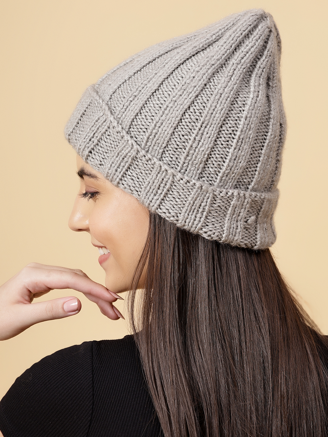 Velvery Handknitted Beige Self Design Beanie