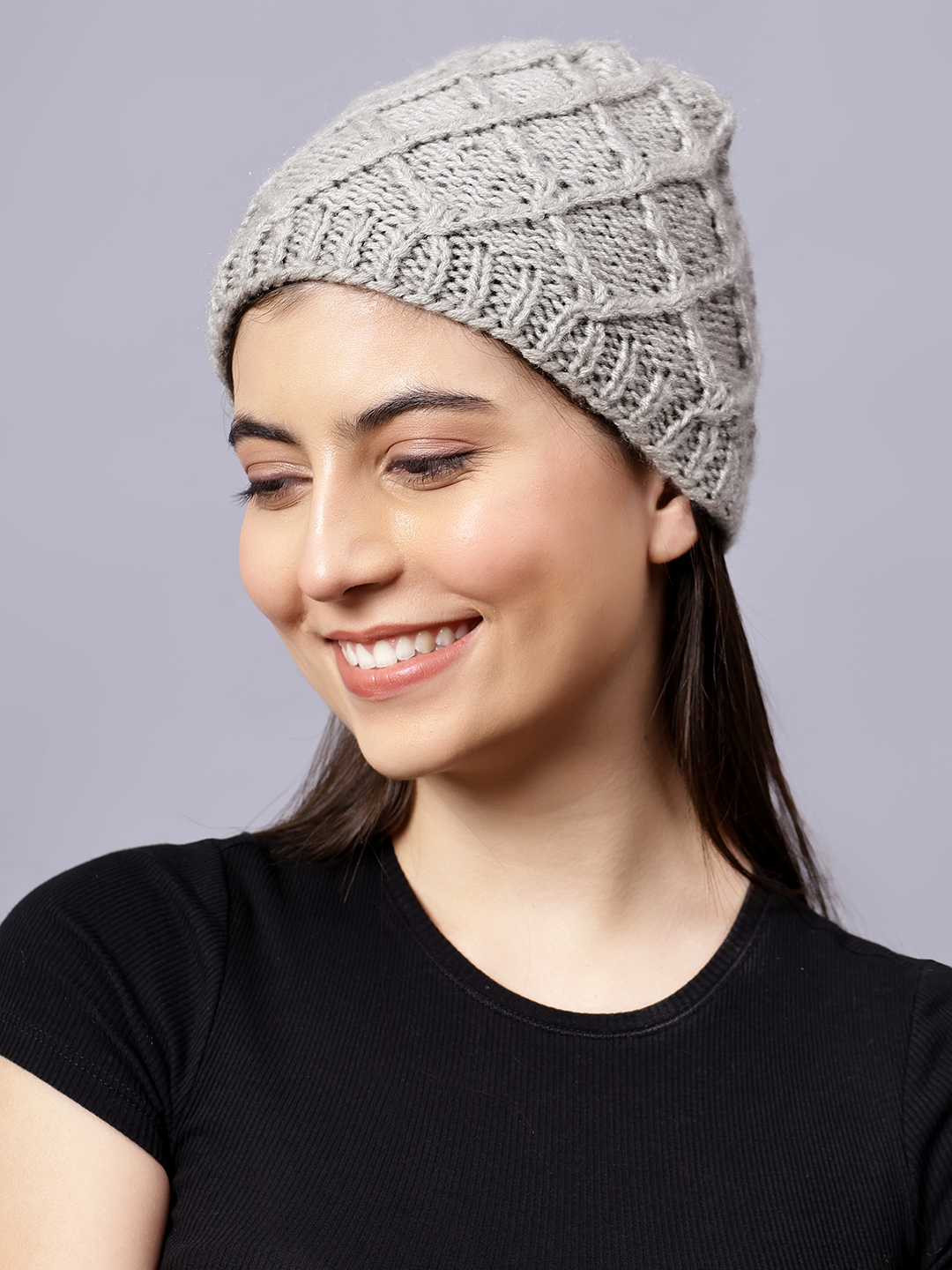 Velvery Handknitted Grey Self Design Beanie