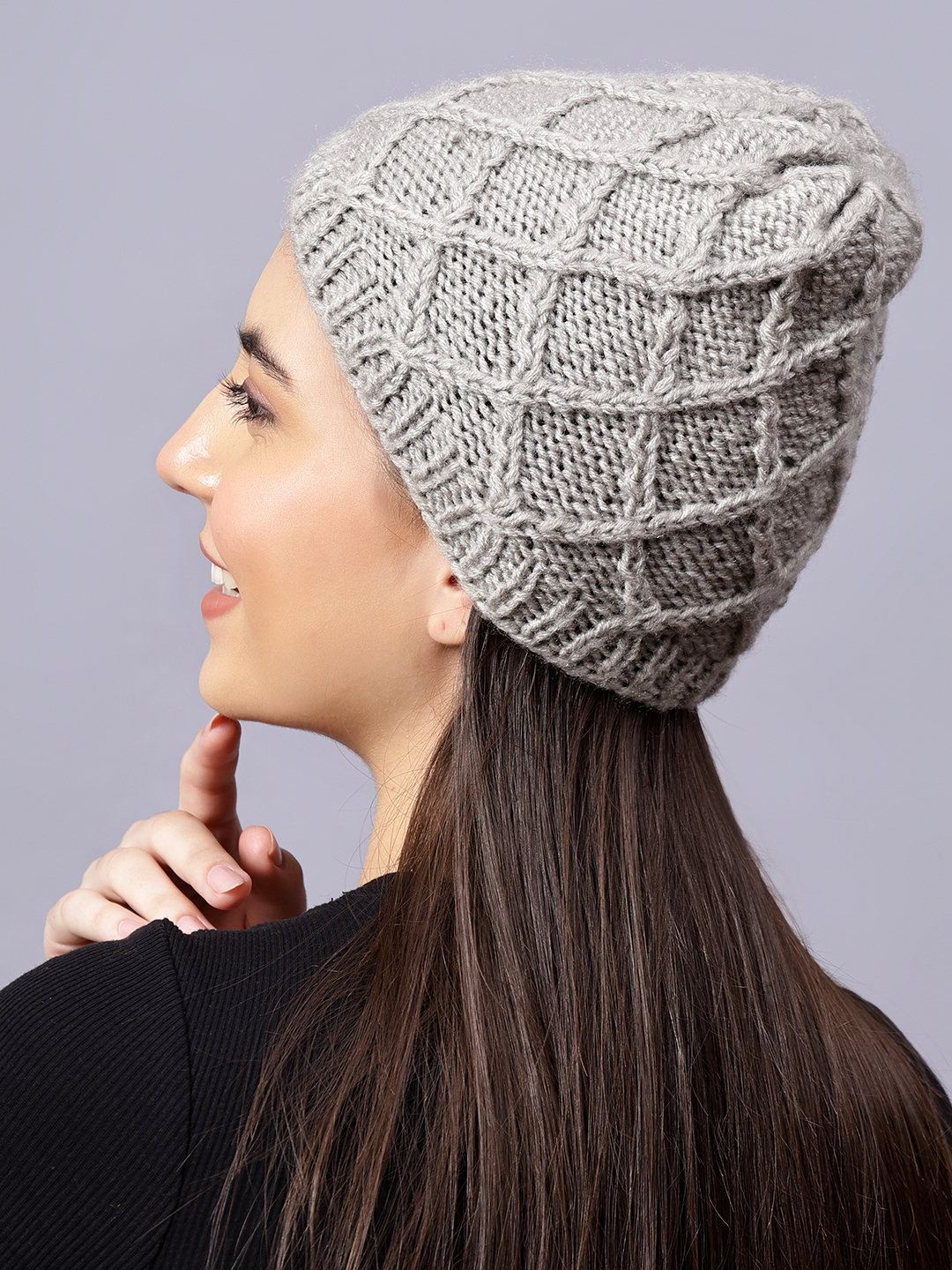 Velvery Handknitted Grey Self Design Beanie