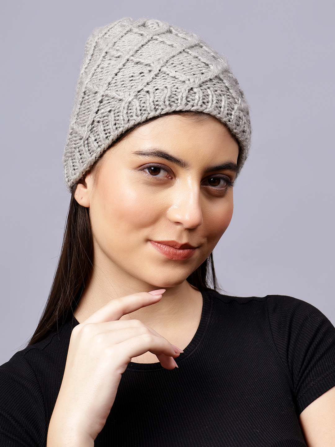 Velvery Handknitted Grey Self Design Beanie