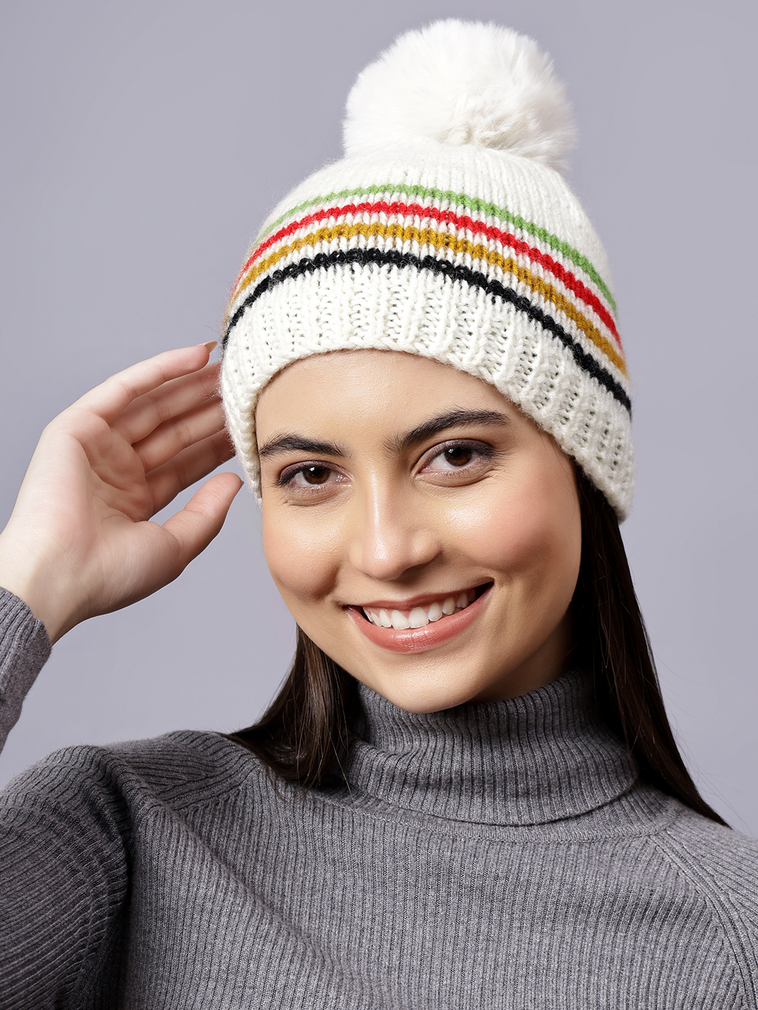 Velvery Handknitted Multi Self Design Pom Pom Beanie