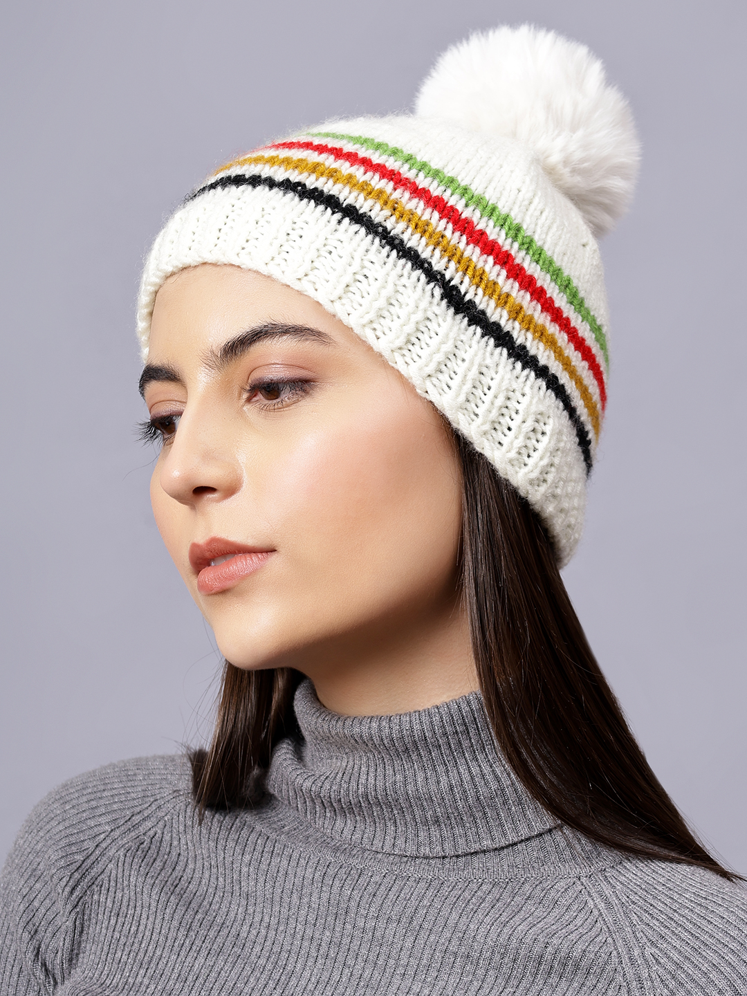 Velvery Handknitted Multi Self Design Pom Pom Beanie