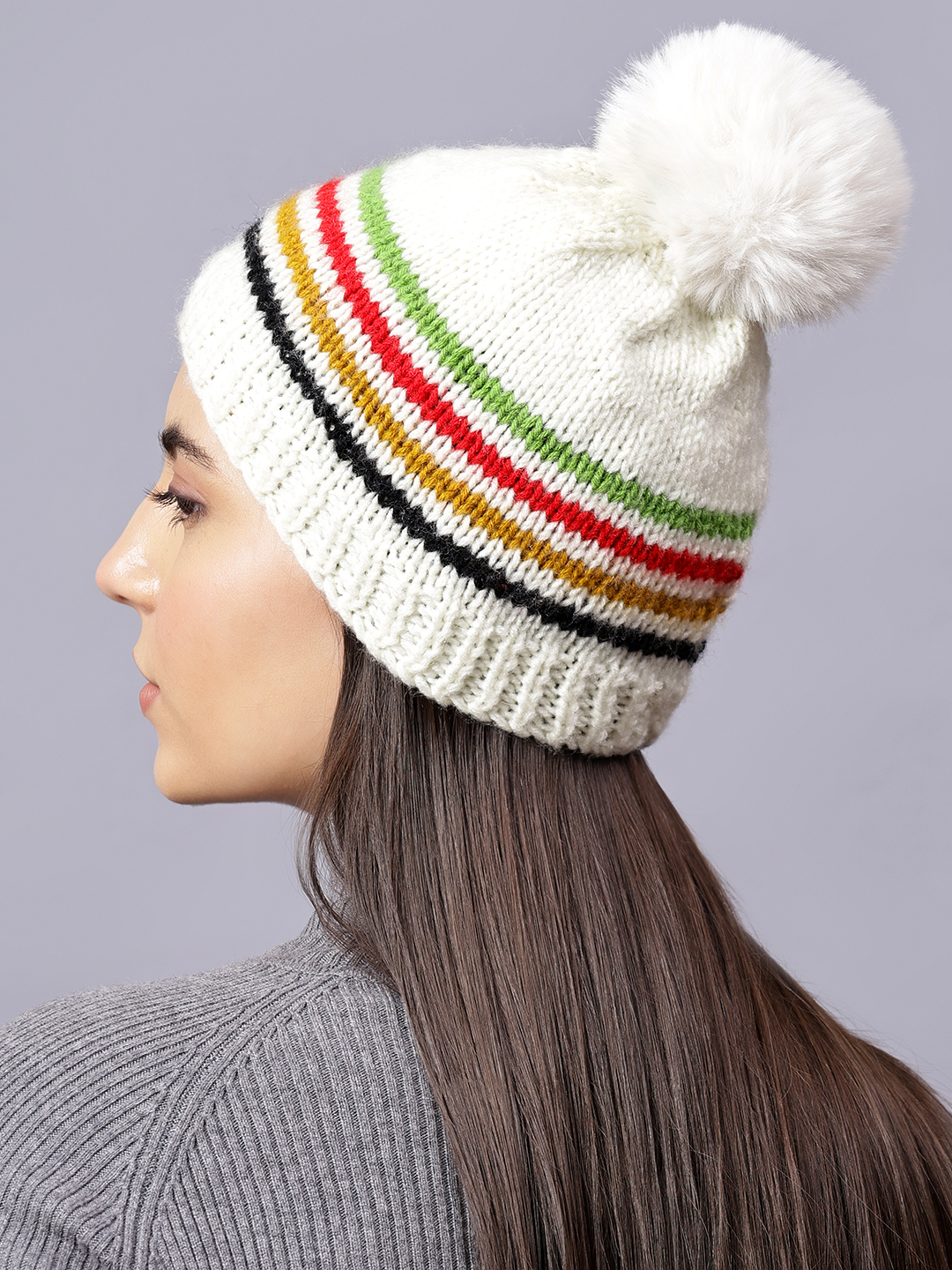 Velvery Handknitted Multi Self Design Pom Pom Beanie