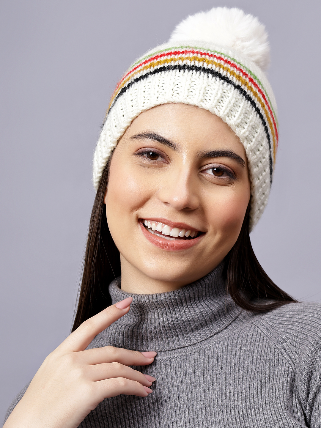 Velvery Handknitted Multi Self Design Pom Pom Beanie