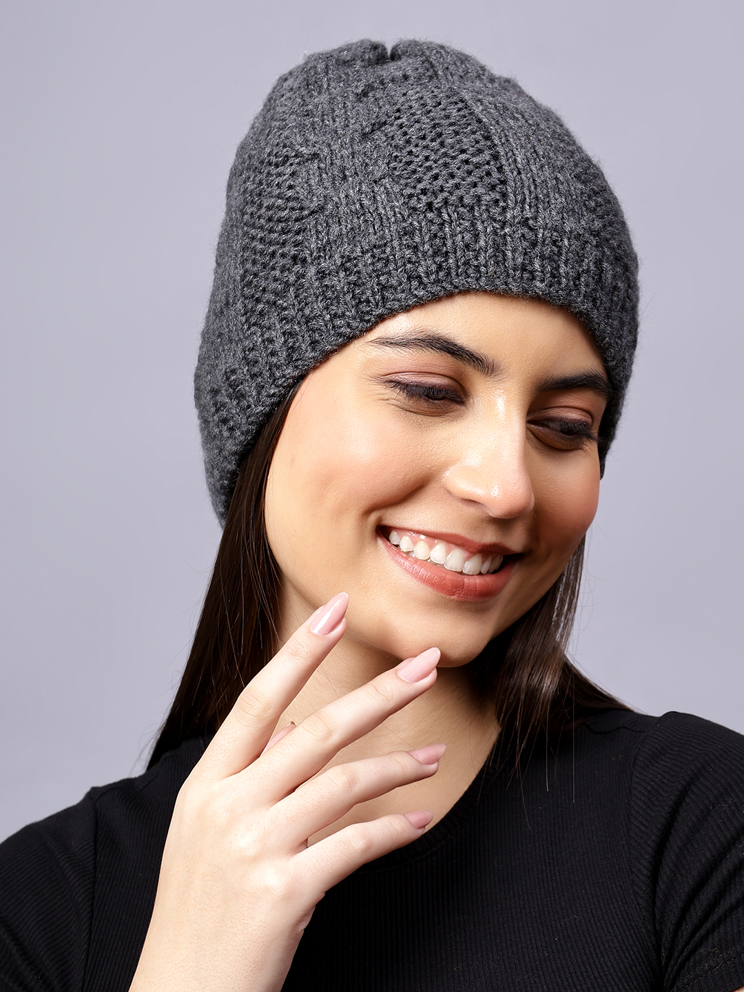Velvery Handknitted Grey Self Design Beanie