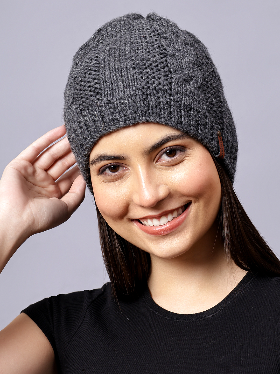Velvery Handknitted Grey Self Design Beanie