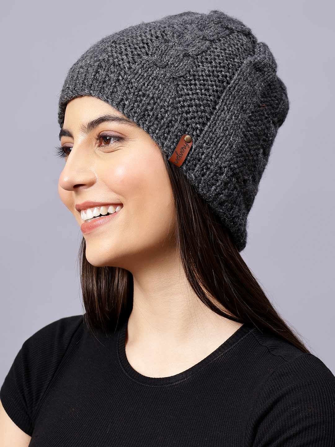 Velvery Handknitted Grey Self Design Beanie